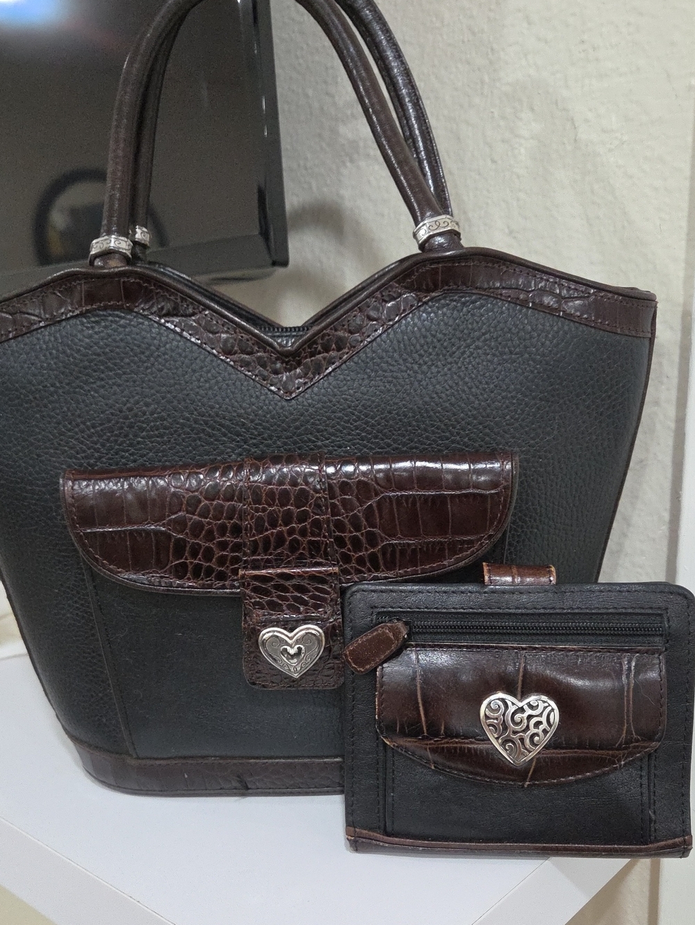 Brighton Women's Dark Brown Leather Tote Bag with Matching Wallet